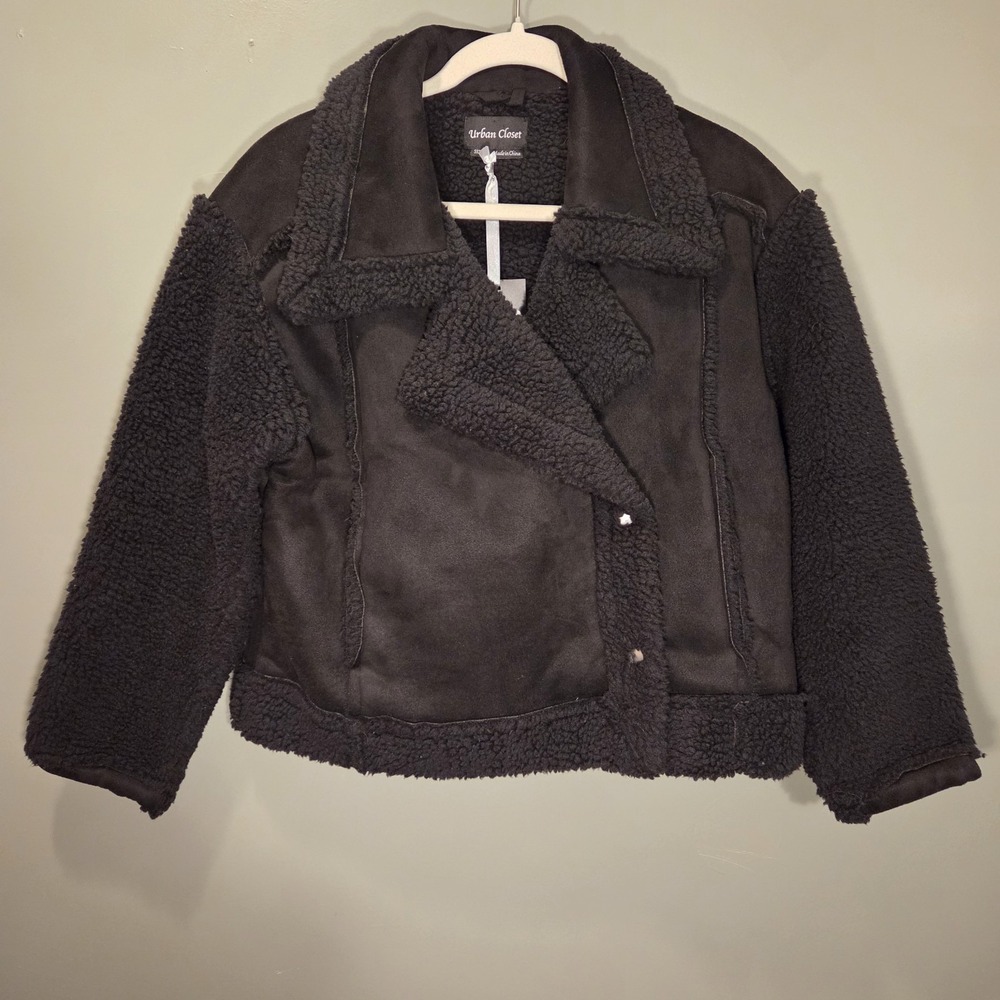 NWT, Urban Closet Sherpa Fleece Jacket Faux Suede, Women's Size M, Black